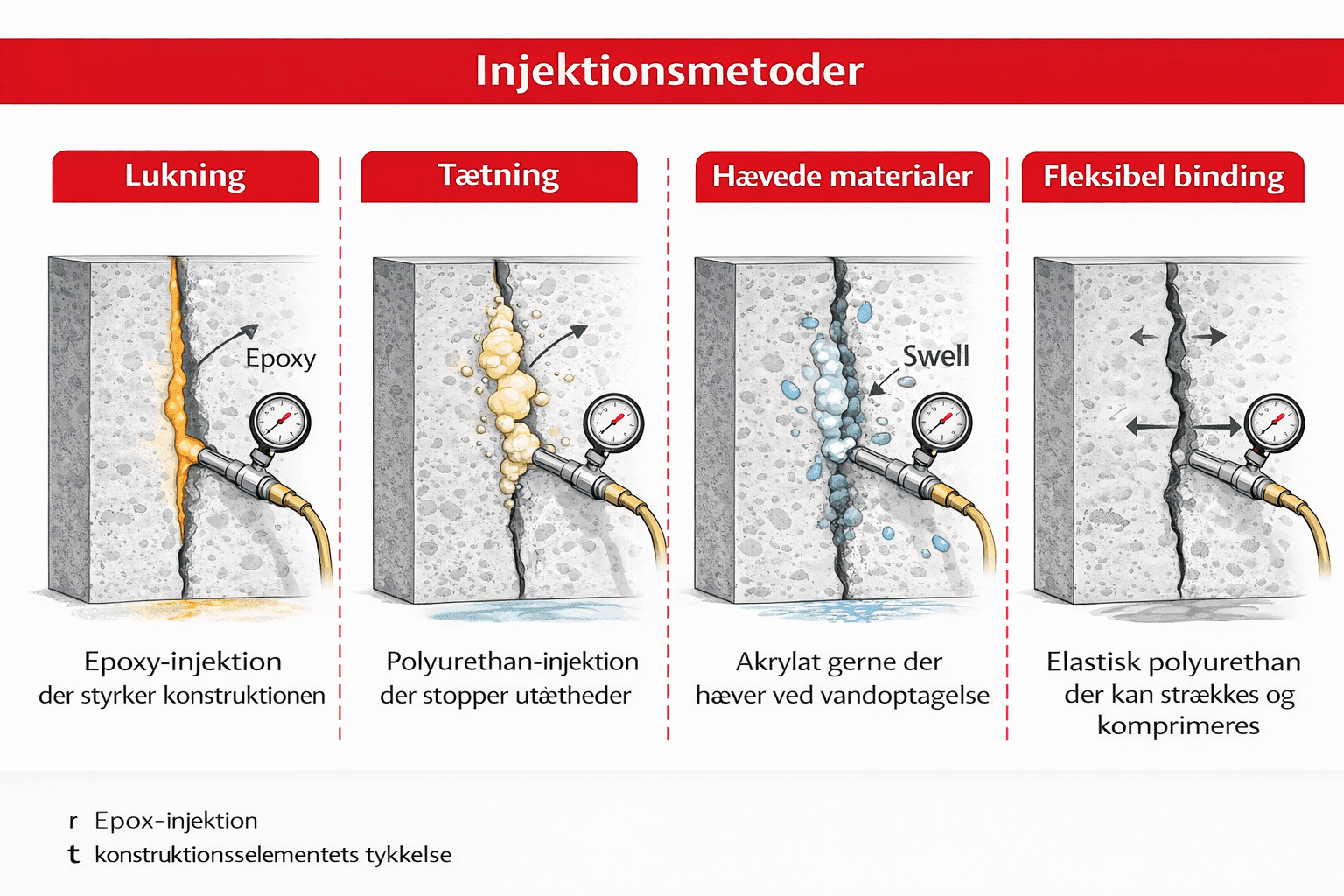 Viser injektion gennem borede huller, hvor materialet føres ind i revnen i konstruktionens dybde. Metoden anvendes, når der stilles krav til fyldning gennem hele konstruktionens tykkelse.